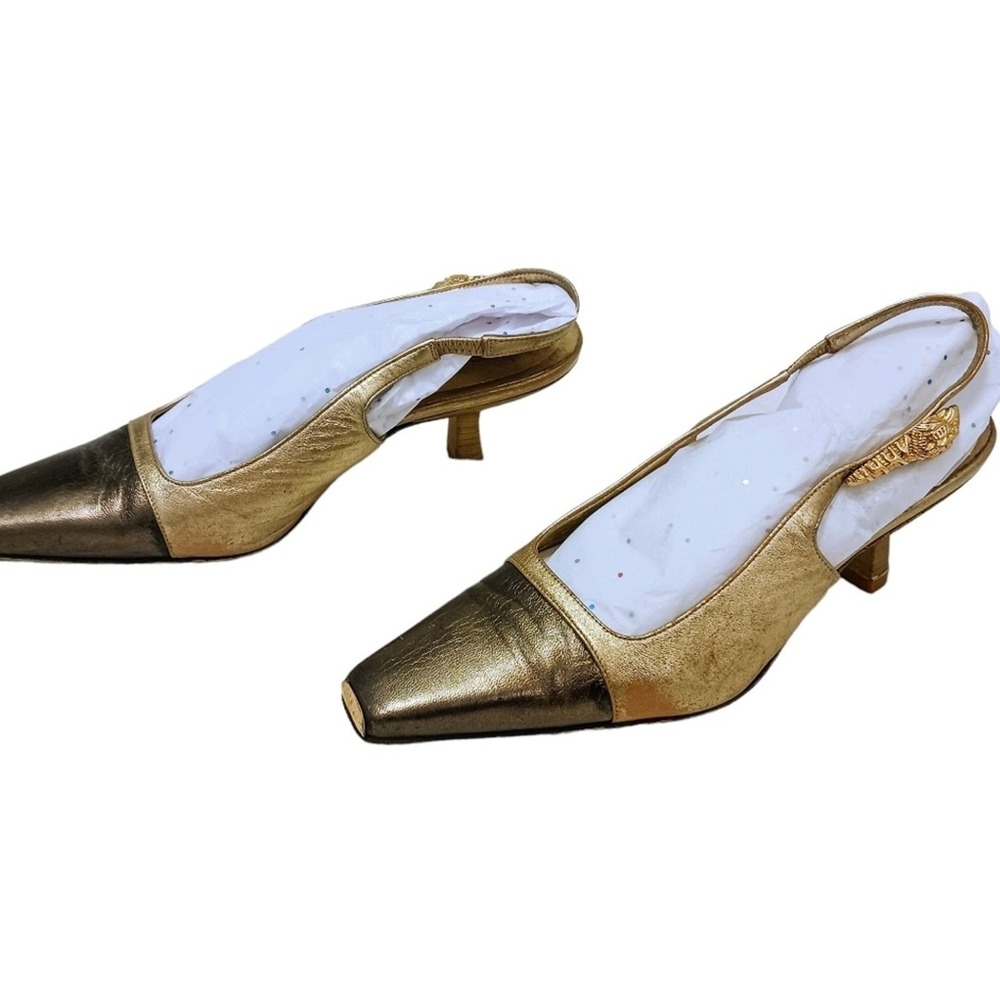 Gucci Kitten Heel LION HEAD Slingback Shoes Sz 35 Leather GOLD Toe Plate Wedding